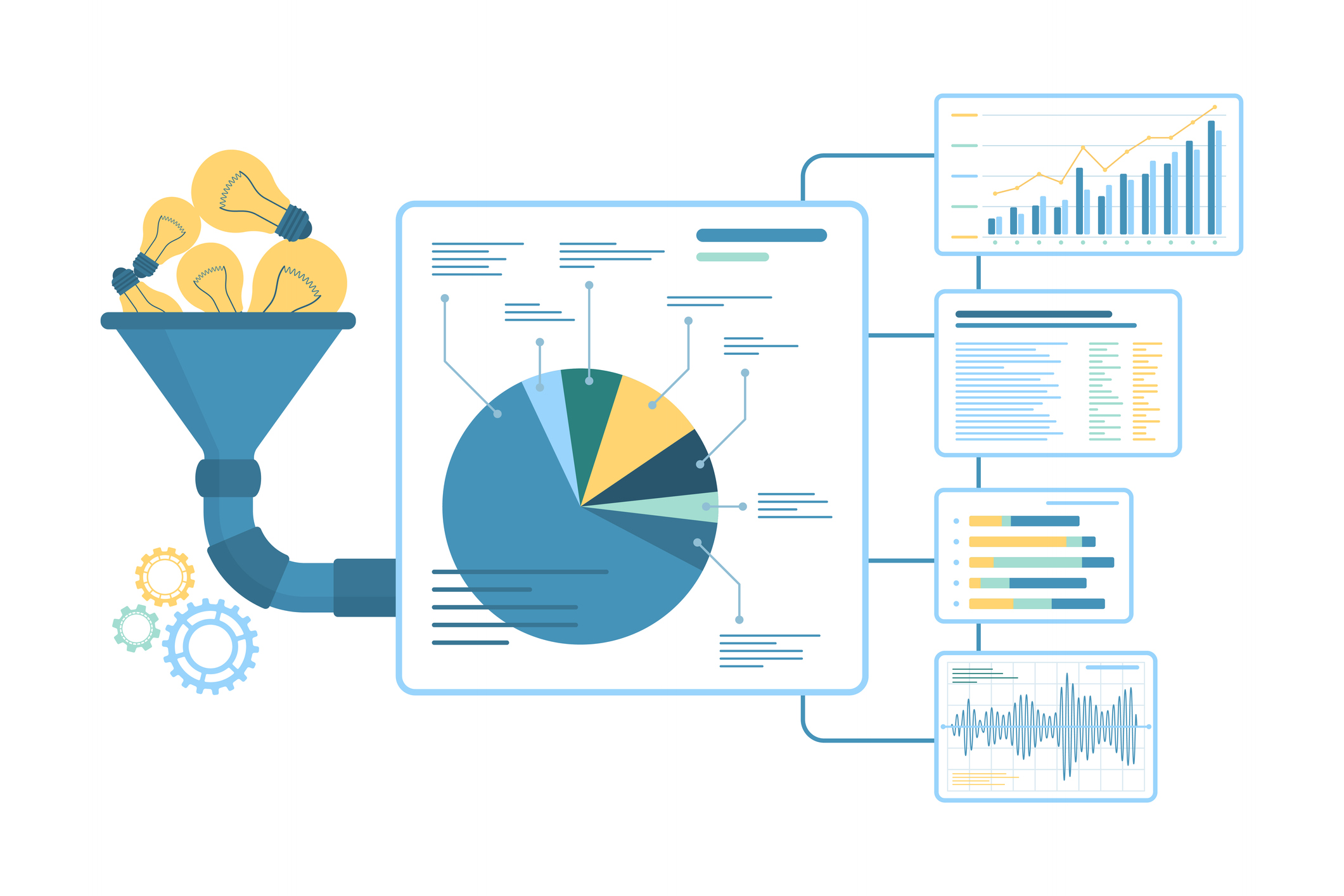Funnel for information and idea conversion, filter with light bulbs and ...