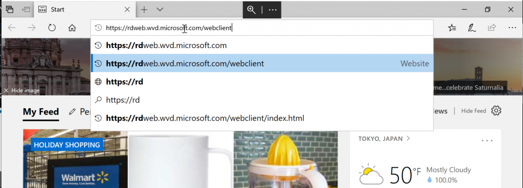 Microsoft Edgeを起動してAVDのWebクライアントに接続