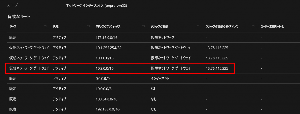 Vnetの仮想マシンのルートテーブルを確認